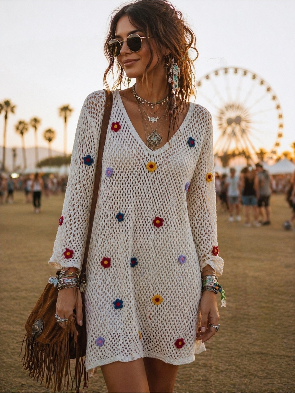 Urban Outfitters Cream Crochet Swim Cover-Up with Multicolor Floral Appliqués